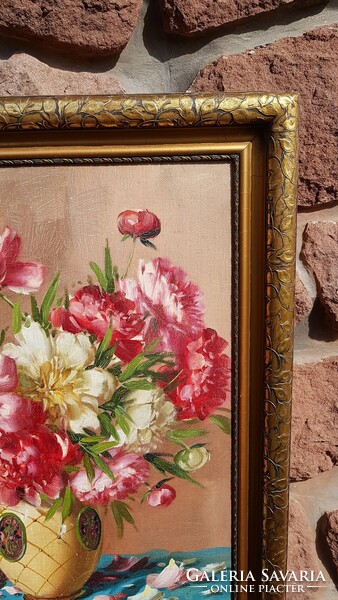 Vilmos Murin: peony, oil, wood fiber, frame 55 x 75 cm, elite picture frame. Still life, painting