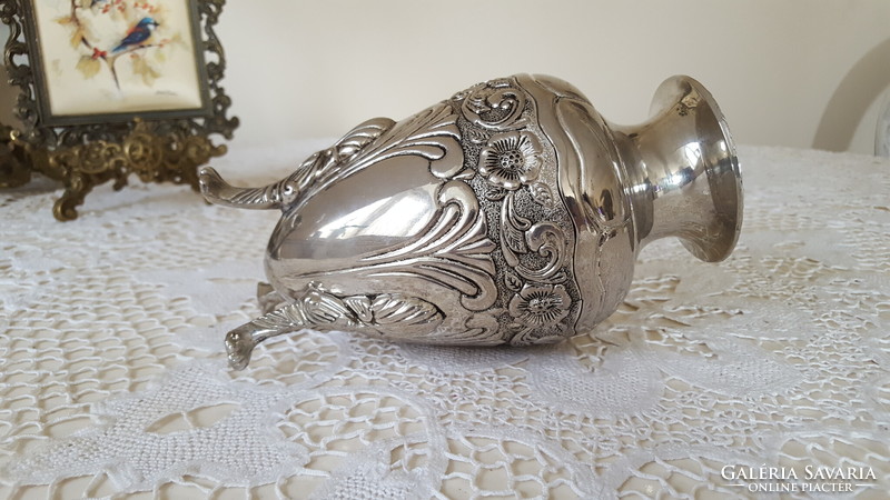 Silver-plated, embossed vase with lion's feet