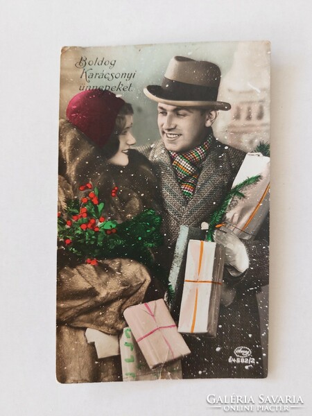 Régi képeslap karácsonyi fotó levelezőlap szerelmespár