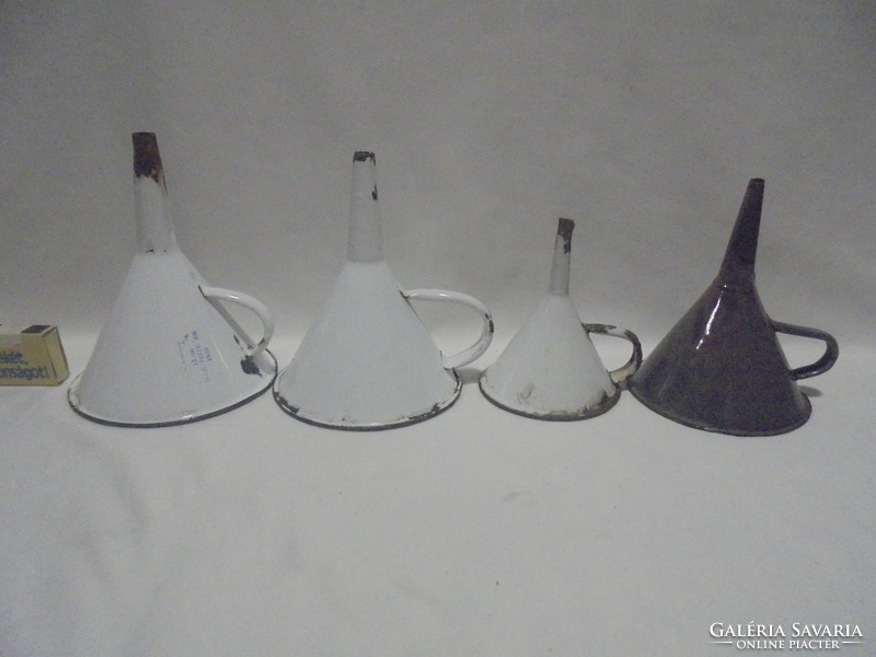 Four old enameled funnels together - folk, peasant decoration