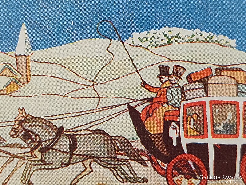 Régi képeslap karácsonyi levelezőlap havas táj lovas hintó
