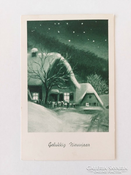 Régi képeslap karácsonyi levelezőlap esti havas táj házikók