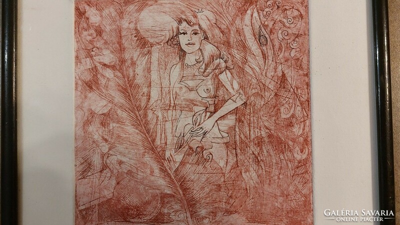 (K) abstract etching with female figure 24x24 cm frame