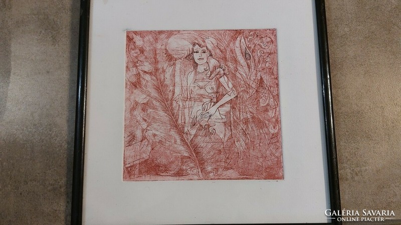 (K) abstract etching with female figure 24x24 cm frame