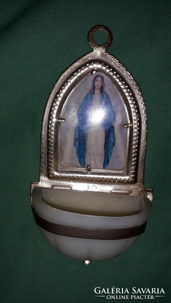 Antik mini fém lemez / bakelit szenteltvíztartó Szentanya képpel a képek szerint