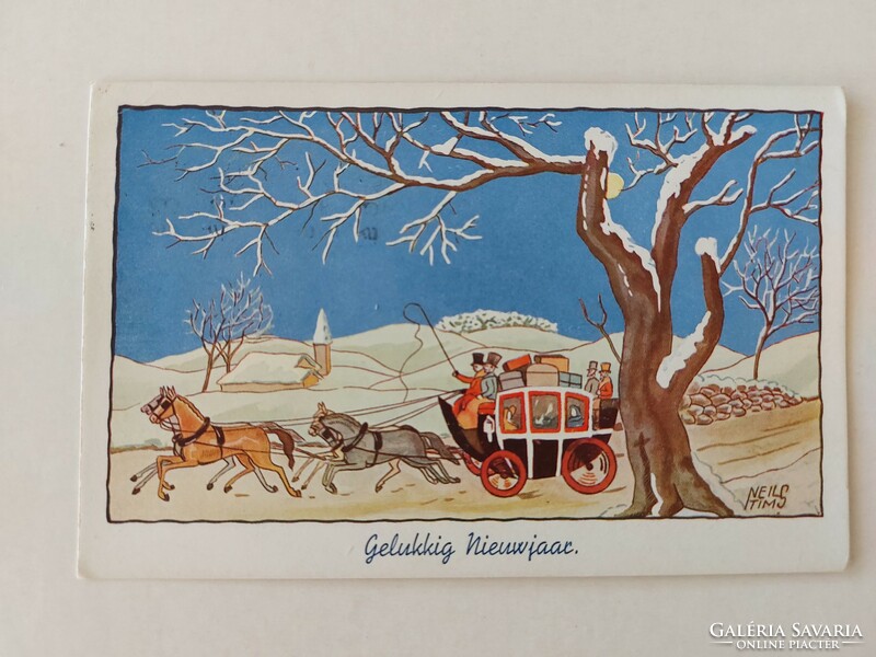 Régi képeslap karácsonyi levelezőlap havas táj lovas hintó