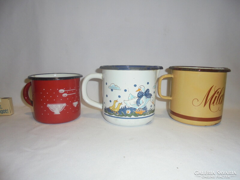 Three old, retro enamel mugs - together - folk, peasant decoration