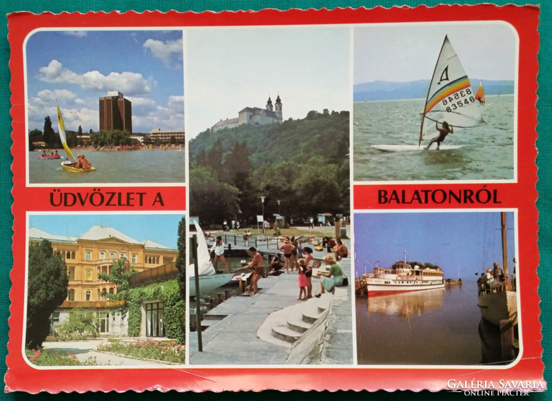 Balaton, Tihanyi Apátság, strand, hajó, szörf, üdülő, szanatórium, postatiszta mozaik képeslap, 1986