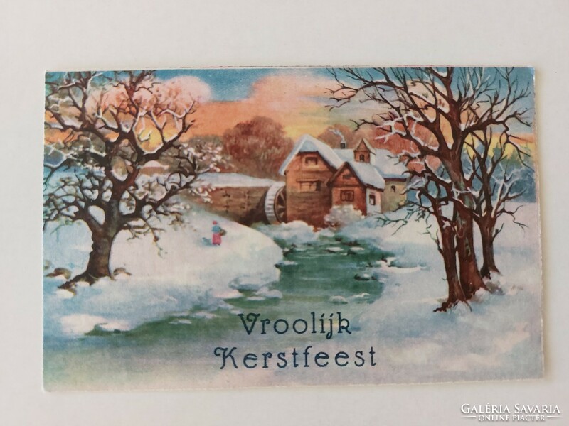 Régi képeslap karácsonyi levelezőlap havas táj vizimalom