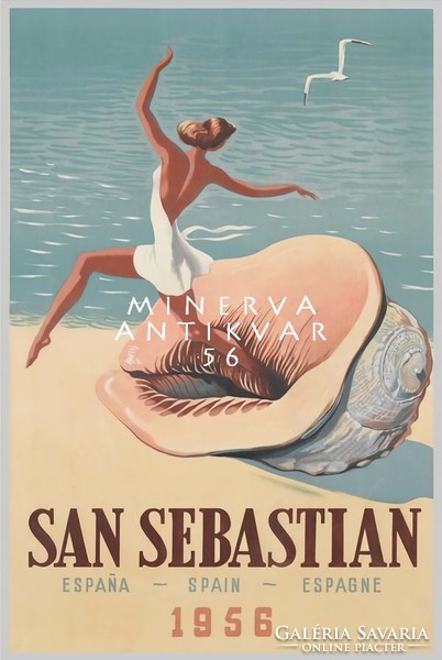 Vintage San Sebastian spanyol nyaralási plakát, tengerpart strand kagyló nő fehér ruha 1950 REPRINT