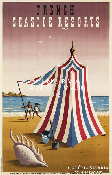 Vintage French Riviera holiday poster, beach beach striped tent shells sand 1947 reprint