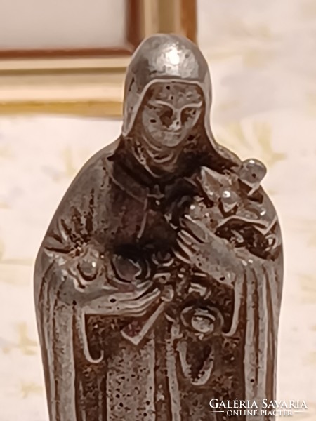Old small aluminum statue - Saint Elizabeth with a rose and a cross