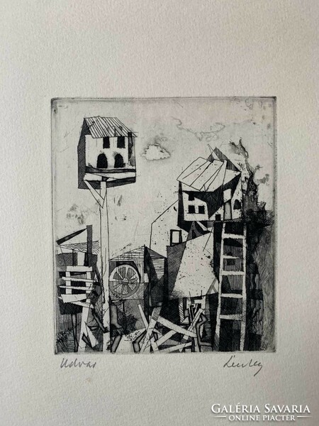 Zoltán Lenkey (1936-1983) yard (circa 1967) c. Etching /16x13.5 cm/