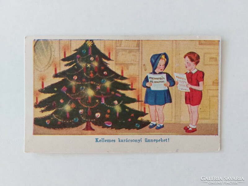 Régi mini képeslap karácsonyi üdvözlőkártya karácsonyfa gyerekek