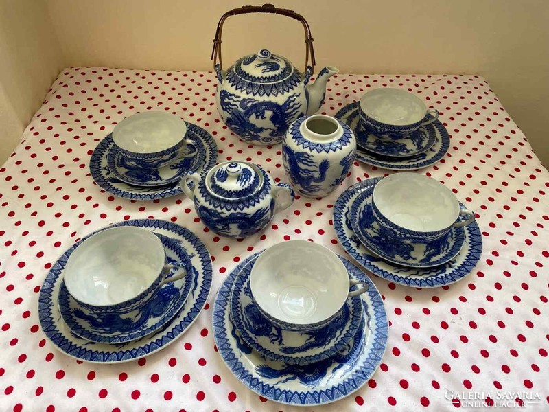 Old Japanese eggshell porcelain tea and coffee set with dragon pattern - 5 persons