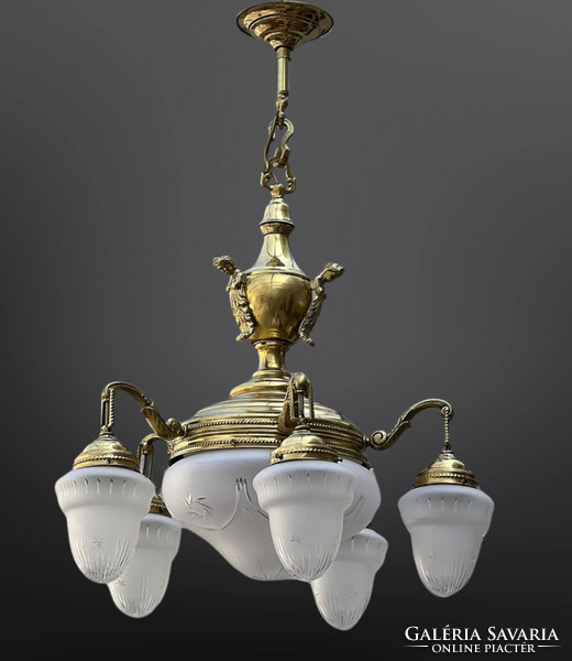 Restored antique 5-arm copper neoempire chandelier