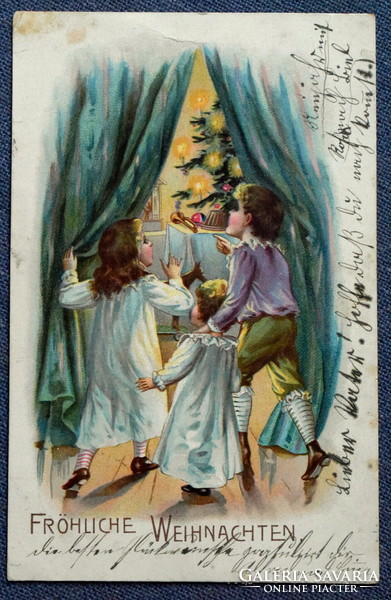 Antik Karácsonyi üdvözlő litho képeslap -gyermekek rátalálnak a karácsonyfára játékokra 1902ből