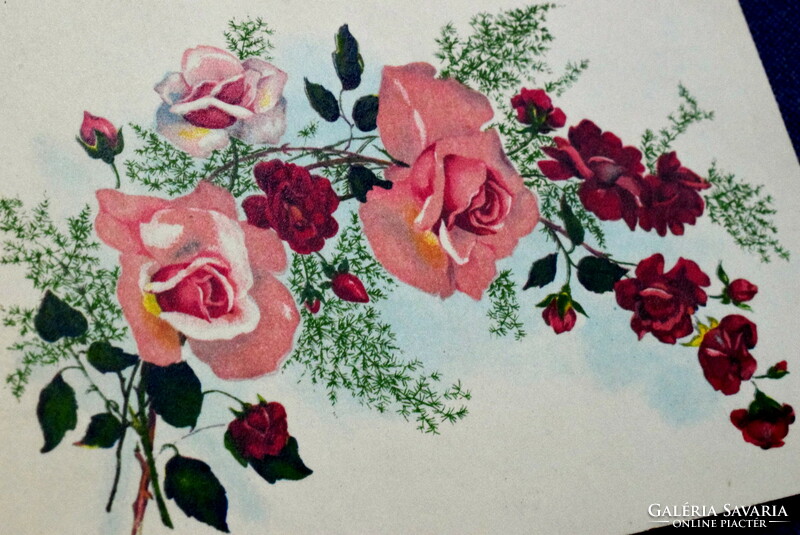 Régi litho üdvözlő képeslap - rózsa csokor