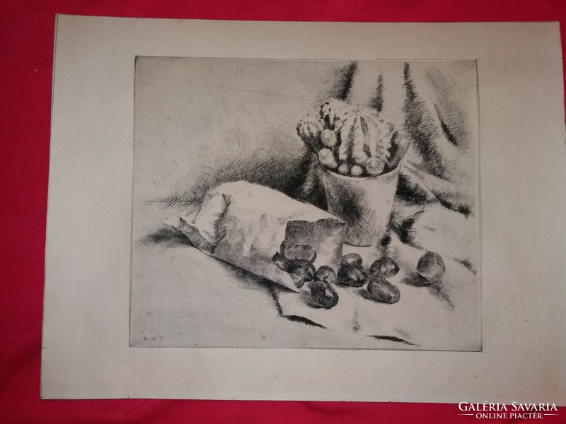 Artwork by Terézia Kiss: still life cactus and chestnut etching without frame according to the pictures