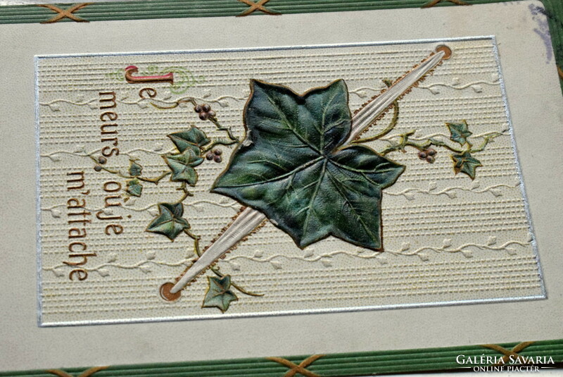 Antik dombornyomott romantikus üdvözlő képeslap - borostyánlevél üzenettel