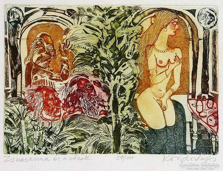 Lajos Kondor: Zsuzsanna and the elders - framed 30x39 cm - artwork 18x27 cm
