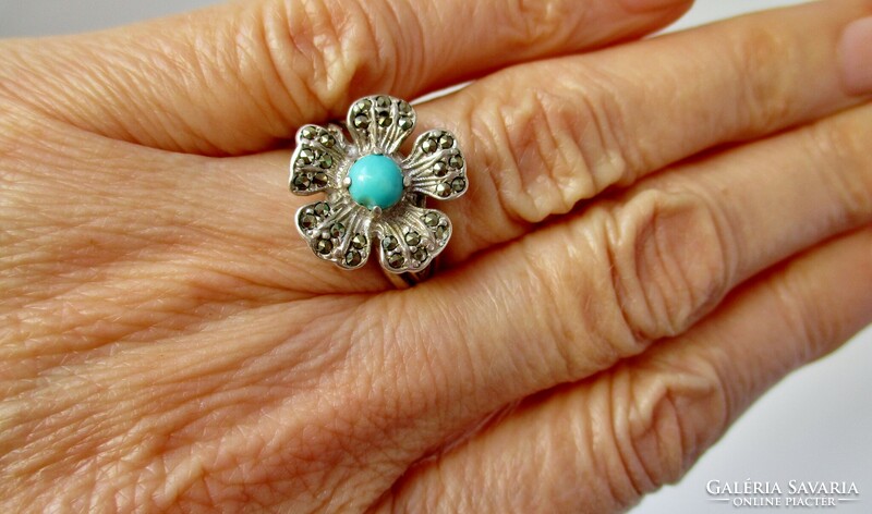 Csodás régi  valódi türkiz virág ezüst gyűrű