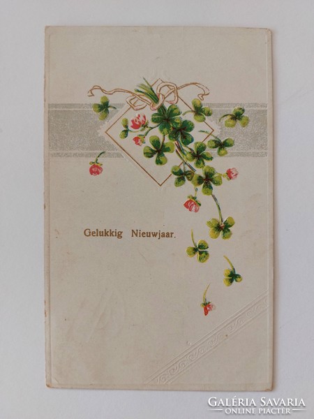 Old New Year's card 1916 embossed postcard clover