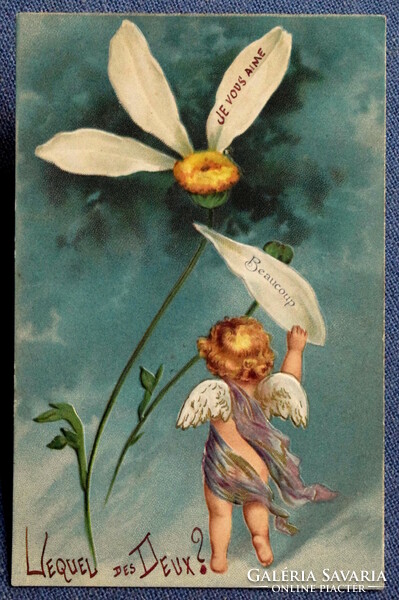 Antique embossed litho greeting card with a love-not-love angel playing with a daisy