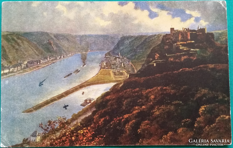Antik tájkép, látkép képeslap, Rheinfels-kastély, Németország, művészet, futott