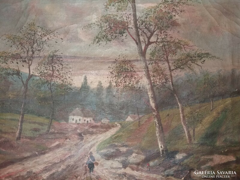Antique oil on canvas painting: on the way home in good condition without frame as shown in the pictures