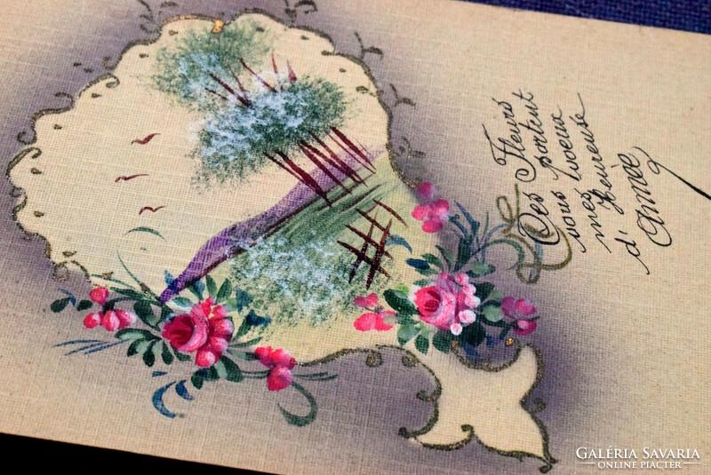 Antik Újévi kézzel festett üdvözlő képeslap -  rózsa tájkép  1920ból