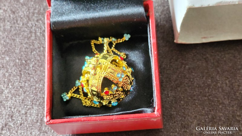 Hungarian holy crown miniature copy + in original damaged box metal + glass 3×2 cm