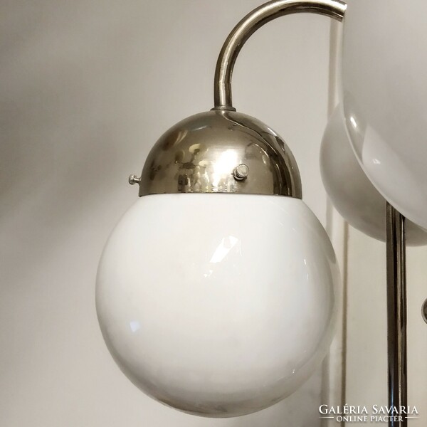 Art deco - streamline - bauhaus 4-arm nickel-plated chandelier renovated - milk glass spherical shade