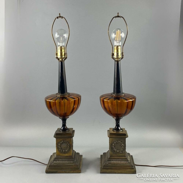 Pair of Leviton large American Empire style copper and glass table lamps