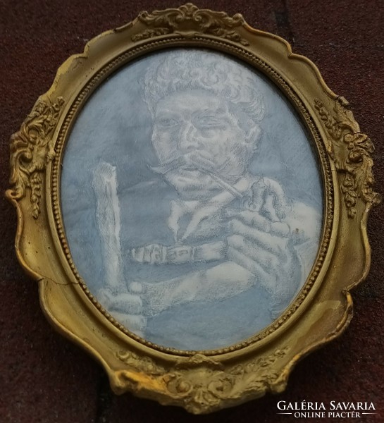 Antique watercolor painting - portrait of an old man in gray - in an oval blondel frame