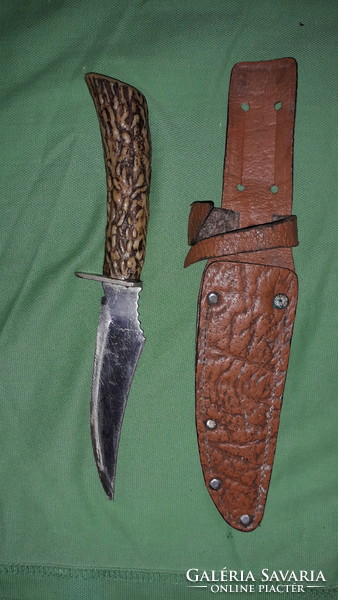 Old sharp outdoor hunting knife in a leather sheath with deer antler imitation handle 20 cm 11 cm blade as shown in pictures