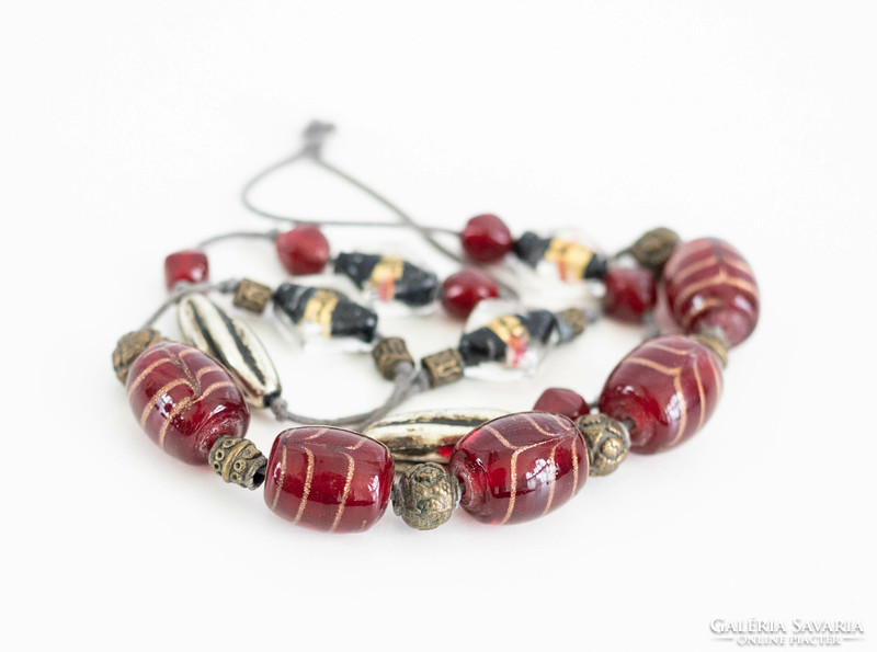 Vintage necklace with huge Murano style handmade glass beads and metal ornaments