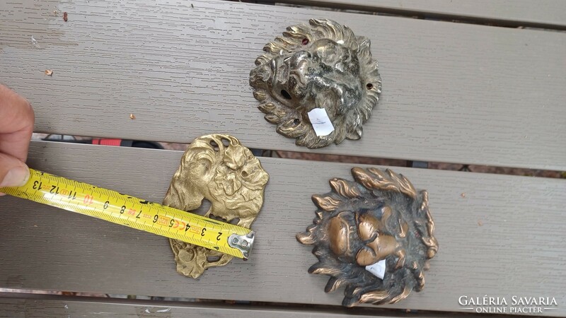 Lion's head 2 types and art nouveau brass ornament, all cast, iron, copper, bronze.