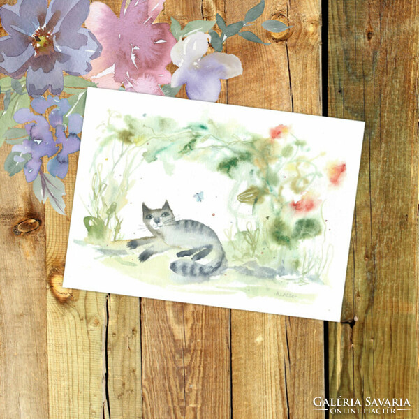 Original watercolor painting on paper (contemporary painter/graphic artist agnes laczó) cat in the garden