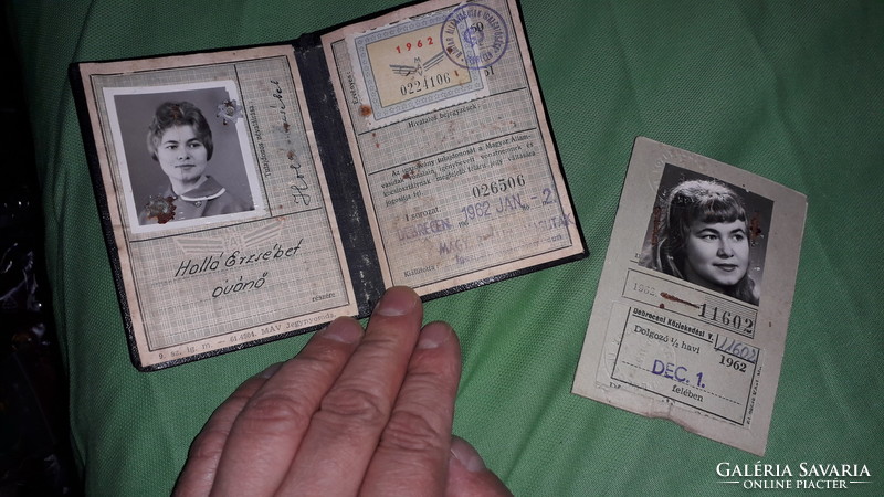 Régi 1962. Holló Erzsébet óvónő MÁV arcképes igazolvány + VOLÁN bérlet (Debrecen )a képek szerint