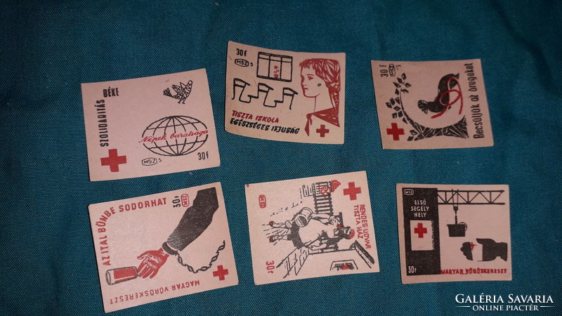 Old Hungarian match factory labels in the theme of the red cross are 6 in one according to the pictures 3.