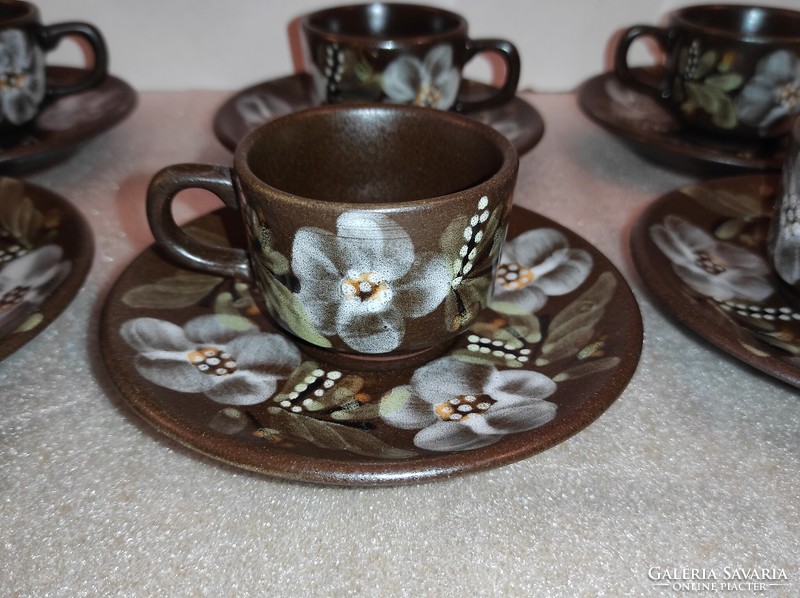 Városlőd ceramic coffee set, 6 cups + saucer, hand painted, flawless, good condition, 1970s-80s