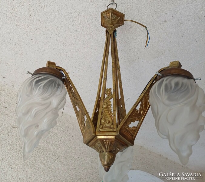 Beautiful art nouveau, art deco brass chandelier with bulbs.