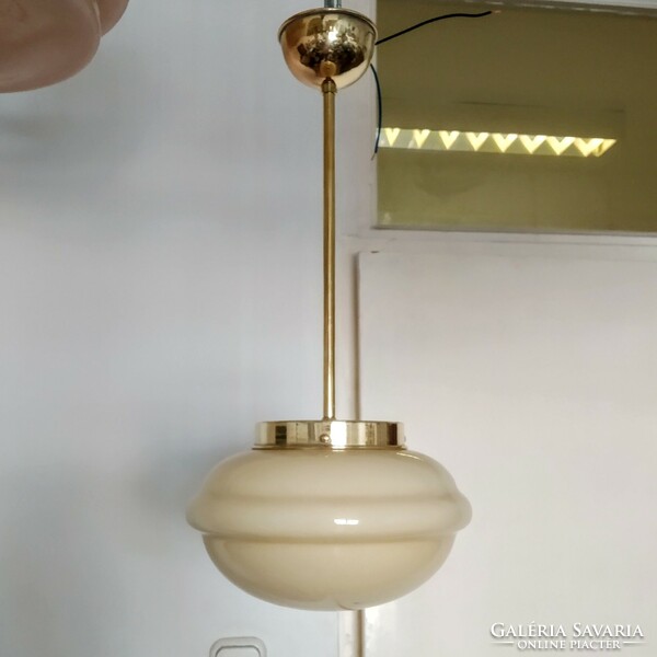 Art deco - Bauhaus réz mennyezeti lámpa felújítva - krémszín búrával (UFO)