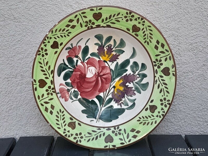 Antique Hungarian folk wall bowl with flowers