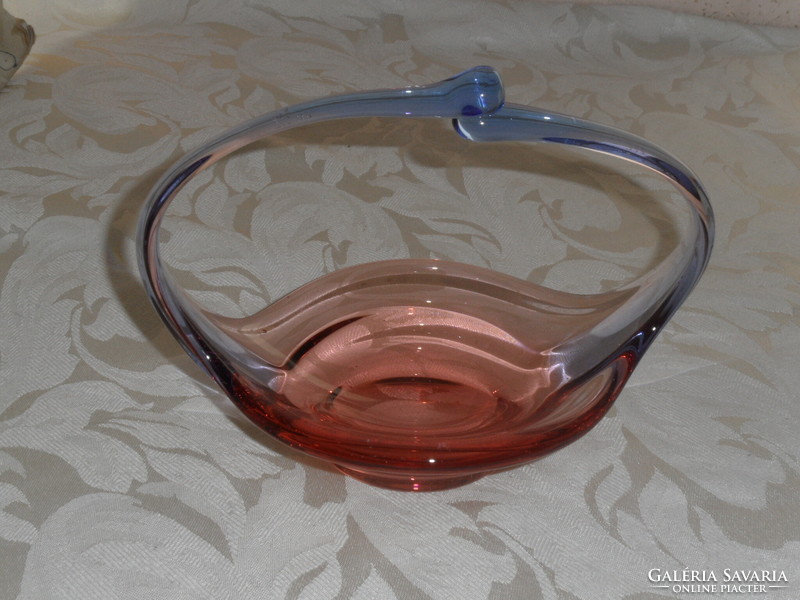 Cseh színes öntött üveg finom vonalú asztalközép, kínáló