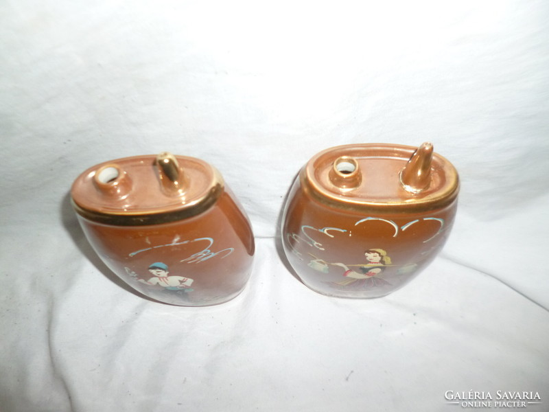 Pair of old hand-painted ceramic drinking flasks