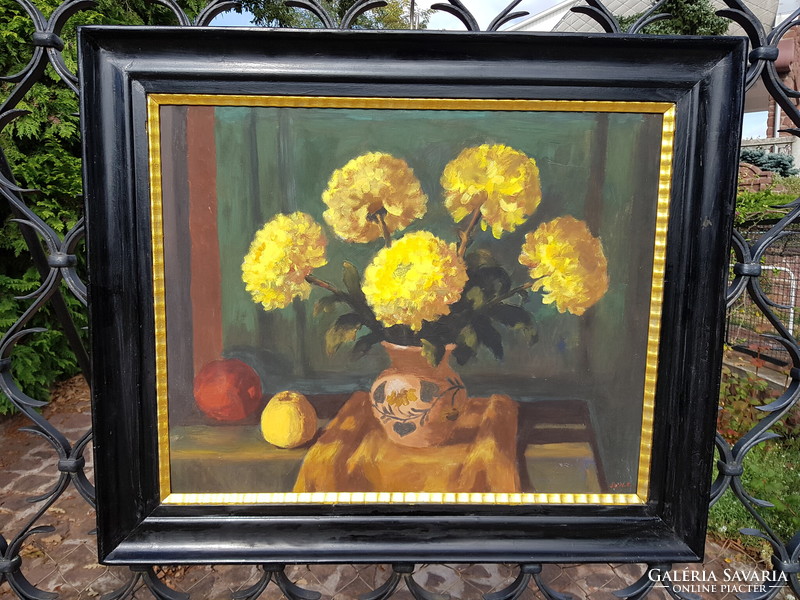 Schey Ferenc: Krizantém sárga, olaj, farost, falc 55 x 70 cm, antik képkeret. Csendélet, festmény