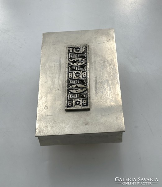 Retro industrial art metal box with wooden inlay