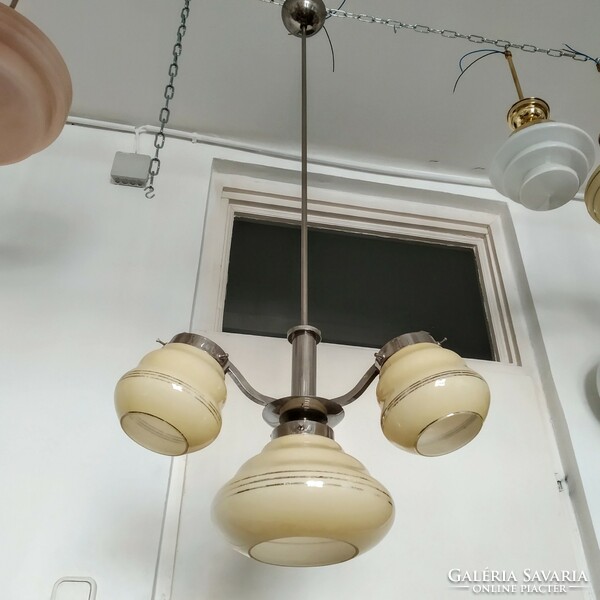 Art deco - streamline - bauhaus 3-arm, 4-burner chandelier renovated - cream shades - lampart